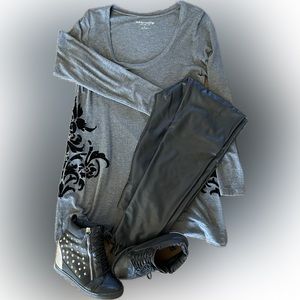 Soft Surroundings gray with black design on sides long tunic